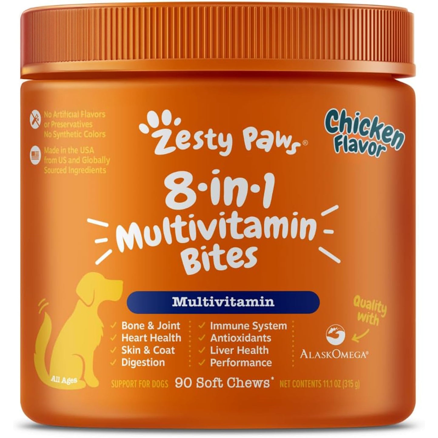 HOTZesty Paws Dog Multivitamin, Chewable Dog Vitamins and Supplements for Hip & Joints, Skin & Coat, Omega 3 Fish Oil for Dogs- Senior & Puppy Multivitamin- Chicken- 90ct