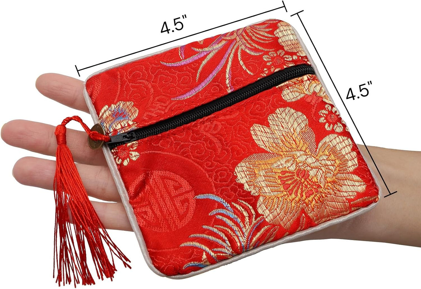 HOTZOOFOX 30 Pieces Silk Jewelry Pouch, Brocade Embroidered Coin Purse with Zipper and Tassel, Small Gift Bags for Small for Jewelry Wedding Party Favor Chinese New Year Goodie Candy Bags