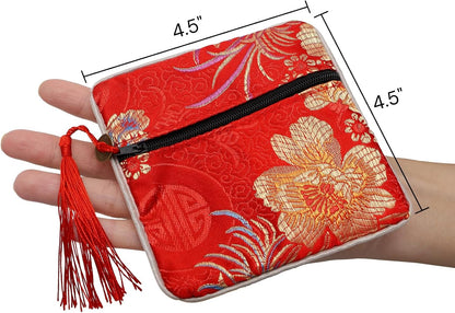 HOTZOOFOX 30 Pieces Silk Jewelry Pouch, Brocade Embroidered Coin Purse with Zipper and Tassel, Small Gift Bags for Small for Jewelry Wedding Party Favor Chinese New Year Goodie Candy Bags