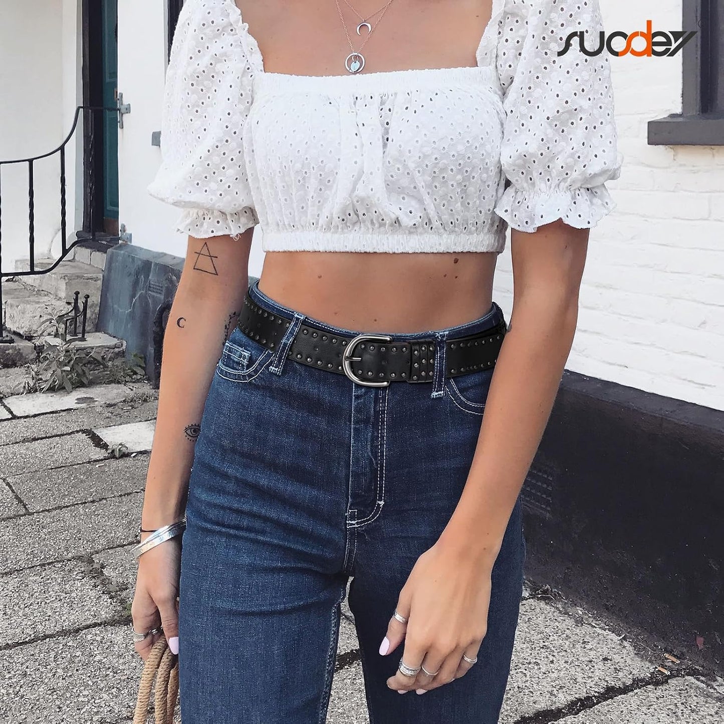 HOTSUOSDEY Women Leather Rivets Belts for Jeans Pants Dresses Studded Leather Belts with Silver Buckle