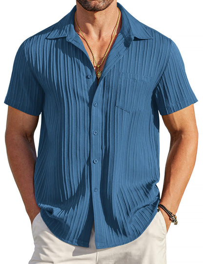 HOTCOOFANDY Men's Casual Button Down Shirts Short Sleeve Textured Summer Beach Shirt with Pocket
