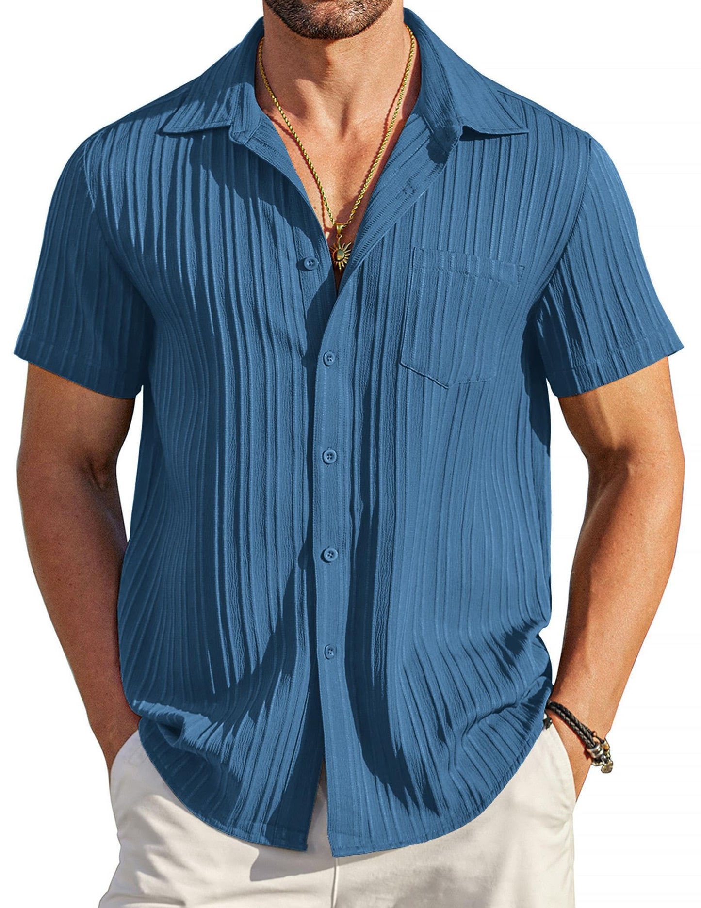 HOTCOOFANDY Men's Casual Button Down Shirts Short Sleeve Textured Summer Beach Shirt with Pocket