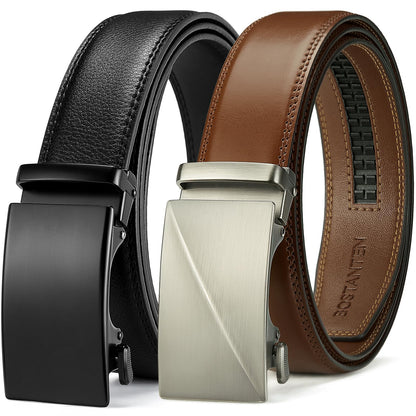 HOTBOSTANTEN Ratchet Leather Belt For Men 2 Pack Dress and Casual with Adjustable Buckle, Trim to Fit