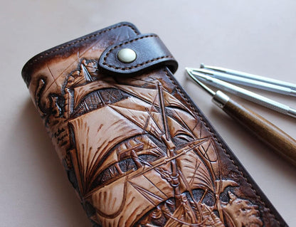 HOTMen's 3D Genuine Leather Wallet, Long wallet, Biker wallet, Hand-Carved, Hand-Painted, Leather Carving, Custom wallet, Personalized wallet, Boat, Ship