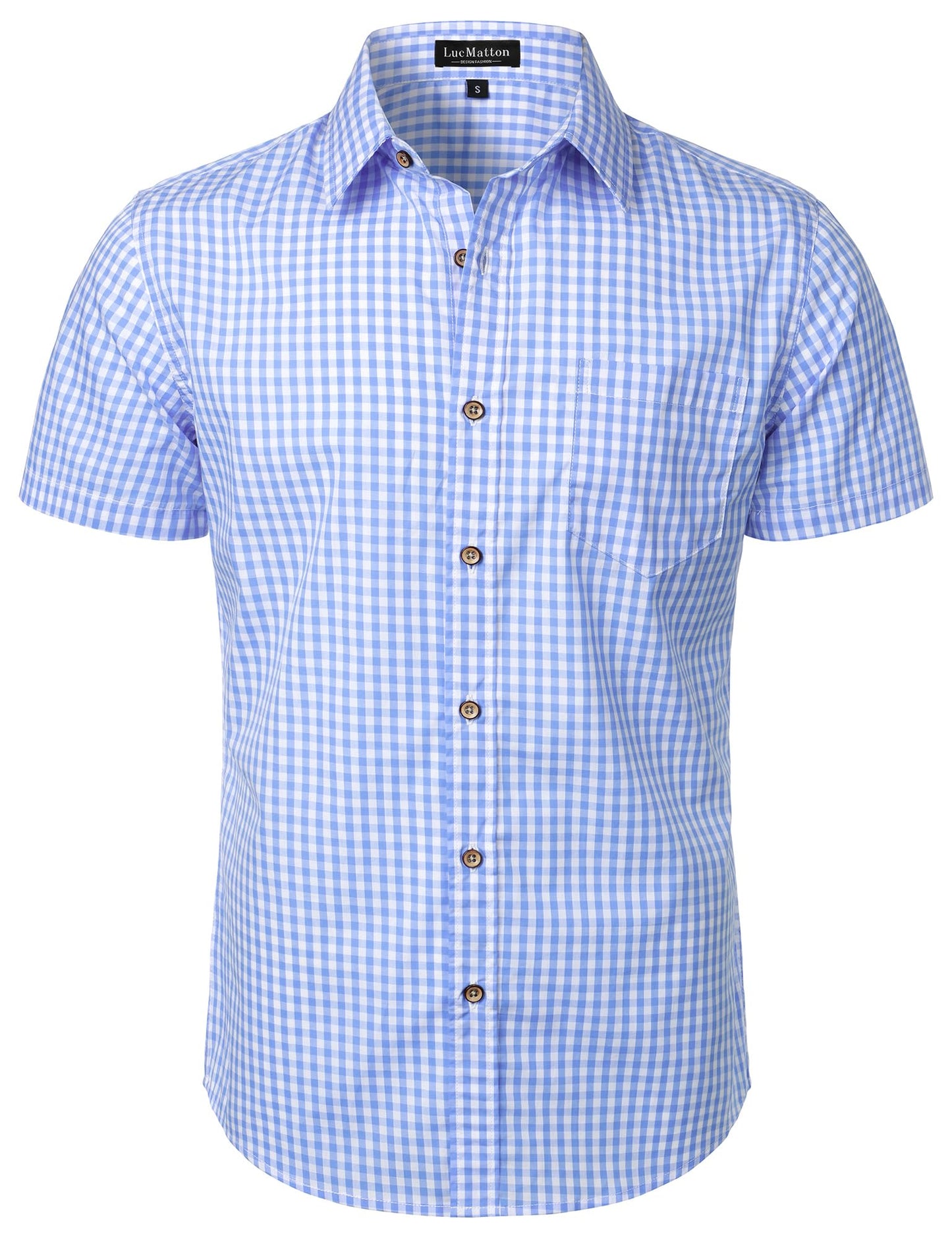 HOTLucMatton Men's Gingham Short Sleeve Button Down Shirt Cotton Regular Fit Plaid Dress Shirts with Pocket