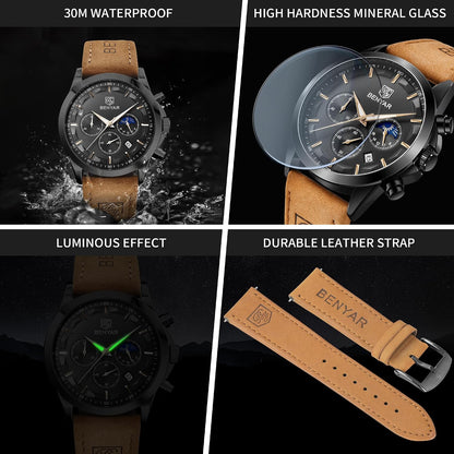 HOTBENYAR Mens Watches Analog Quartz Chronograph Waterproof Wrist Watches for Men Fashion Business Work Casual Sport Designer Dress Watch with Calendar Elegant Gifts for Men