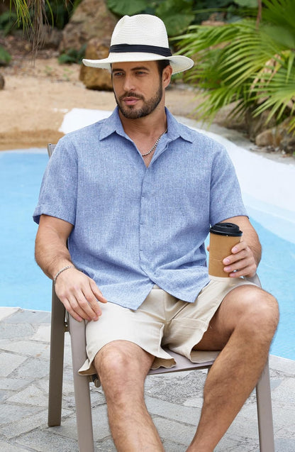 HOTMens Linen Shirts Short Sleeve Casual Shirt Button Down Summer Beach Vacation Tops Men Casual Dress Shirts Breathable