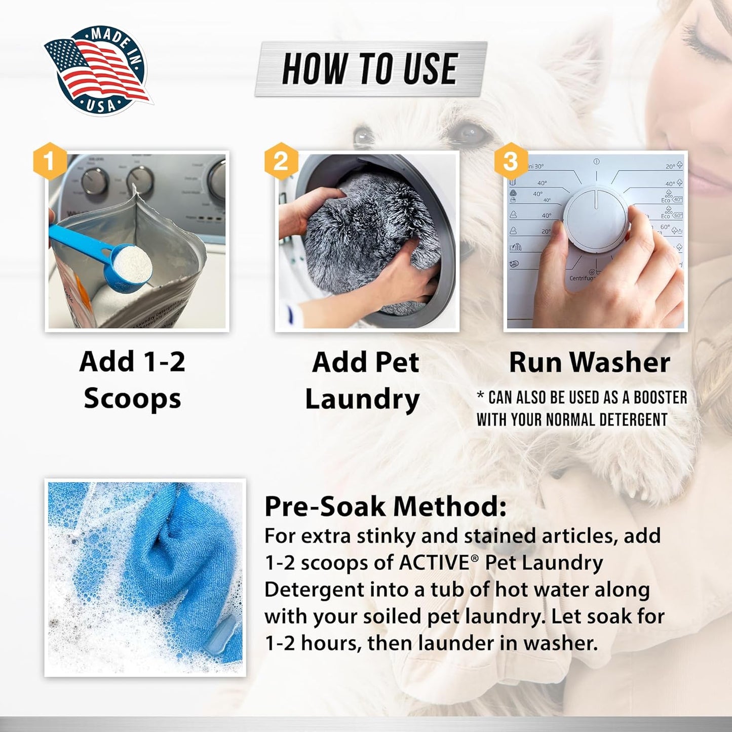 HOTPet Laundry Detergent Odor Remover - ACTIVE Enzyme Based Powder Detergent for Dogs Beds, Cat Pee, HE Washer Friendly Natural Enzymatic Deodorizer, Urine, Smell, Dog Drool, Stain Eliminator - 64 Loads