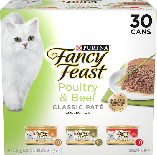 HOTFancy Feast Poultry and Beef Feast Classic Pate Collection Grain Free Wet Cat Food Variety Pack - (Pack of 30) 3 oz. Cans