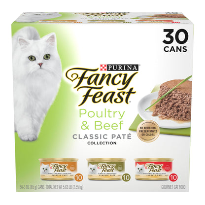 HOTFancy Feast Poultry and Beef Feast Classic Pate Collection Grain Free Wet Cat Food Variety Pack - (Pack of 30) 3 oz. Cans