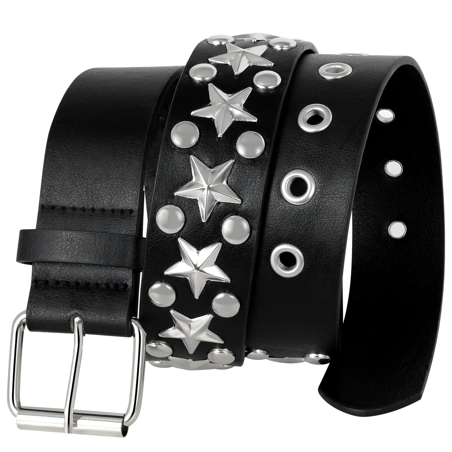 HOTSUOSDEY Black Studded Belt,Y2K Silver Metal Grommet Belt for Men Women Punk Rock Style for Jeans Pants
