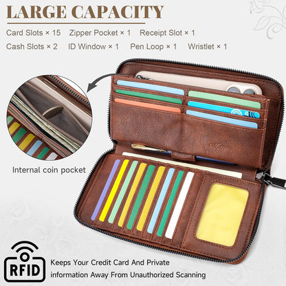 HOTMEITRUE Womens Wallet Large Capacity Phone Clutch Purse RFID Floral Embossed Vegan Leather Travel Wallet with Wristlet Brown