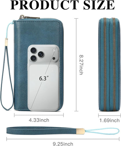 HOTGOIACII Wallets for Women RFID Blocking Double Zip Around Leather Wallet Wristlet Large Capacity Credit Card Holder Blue