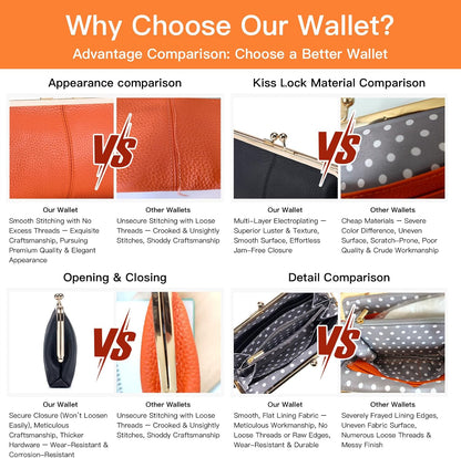 HOTGenuine Leather Long Kiss Lock Wallet for Women – RFID Blocking Handheld Clutch Purse with 8 Card Slots, Money Clip, Zipper Coin Pocket for Travel, Work, Everyday Use – Gift for Her (Black)