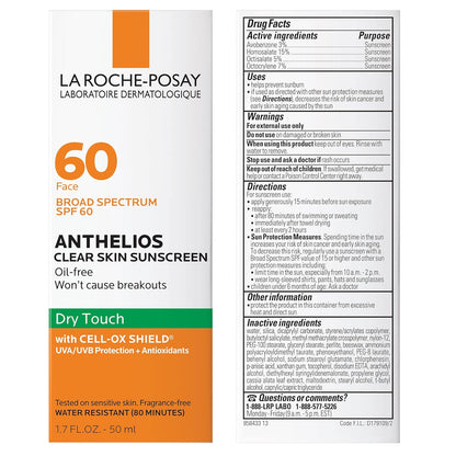 HOTLa Roche-Posay Anthelios Clear Skin SPF 60 Sunscreen for Face & Body, 3oz | Oil-free dry-touch sunscreen with antioxidants that absorbs excess oil, leaves a non-greasy finish, and is oxybenzone free.