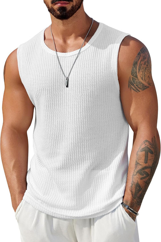HOTCOOFANDY Mens Casual Tank Tops 2 Pack Waffle Knit Sleeveless Shirt Breathable Tank Shirts Summer Muscle Tee