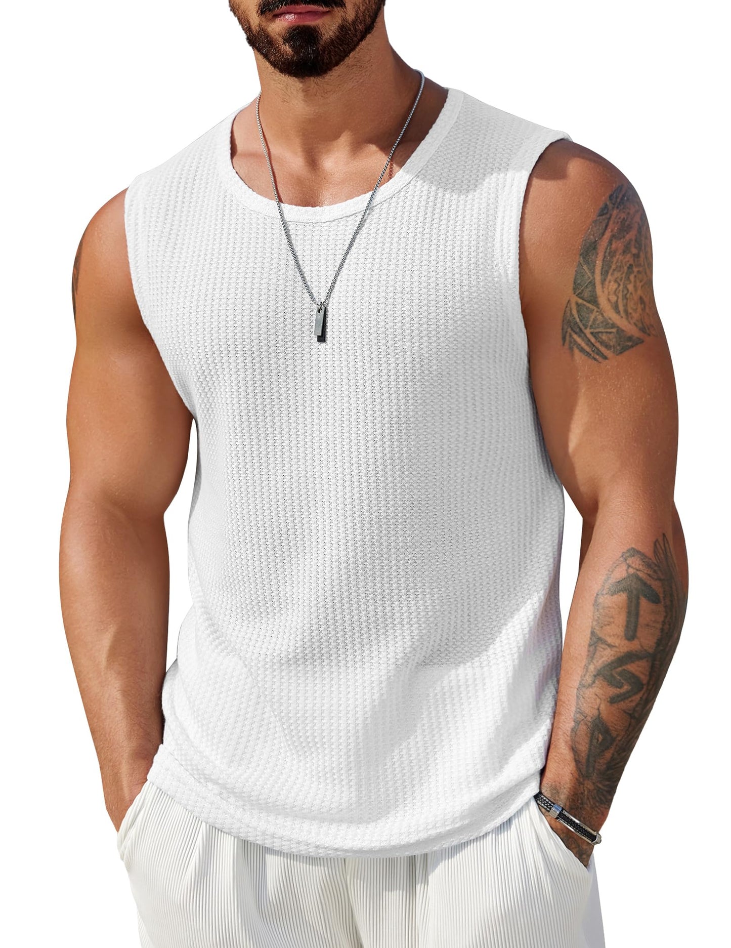 HOTCOOFANDY Mens Casual Tank Tops 2 Pack Waffle Knit Sleeveless Shirt Breathable Tank Shirts Summer Muscle Tee