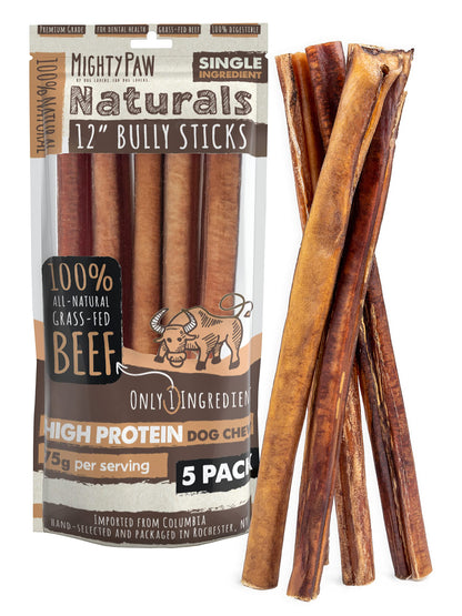 HOTMighty Paw Long Lasting 12" Bully Sticks for Dogs - All Natural Grass Fed Beef Chews. Lower Odor Dog Bully Sticks for Large Dogs, Medium and Small Breeds. Single Ingredient Treats