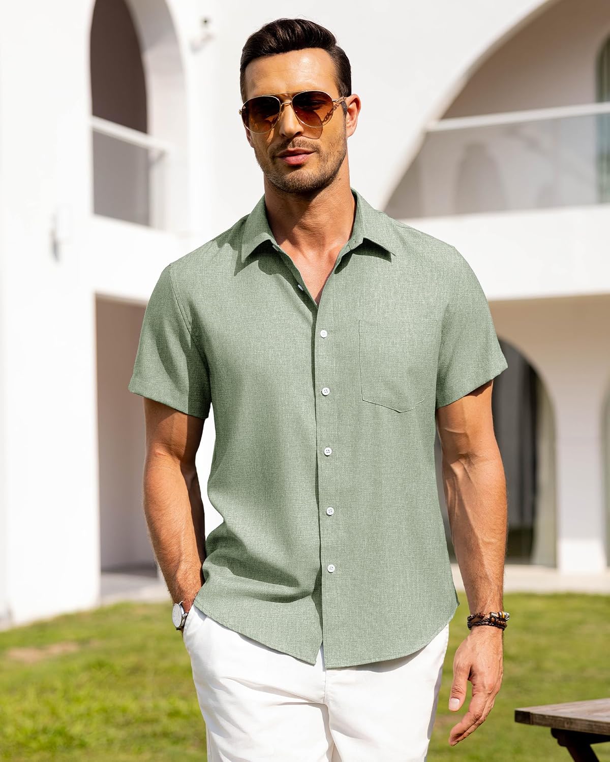 HOTAlimens & Gentle Mens Linen Shirts Short Sleeve Button Down Shirts Wrinkle Free Casual Vacation Beach Summer Tops