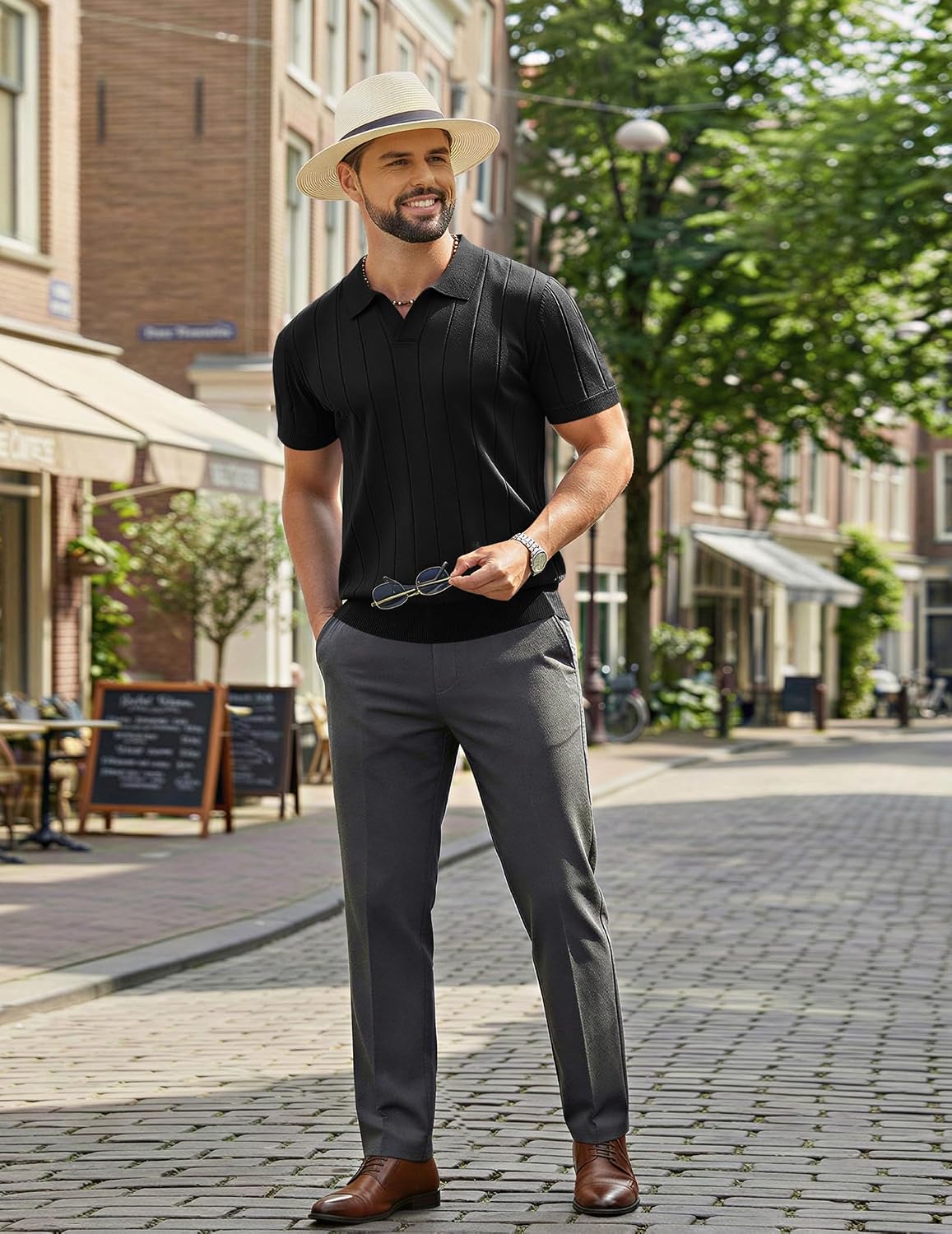 HOTCOOFANDY Mens Polo Shirts Short Sleeve V Neck Knit Shirts for Men Casual Old Money Clothes Mens Golf Shirt
