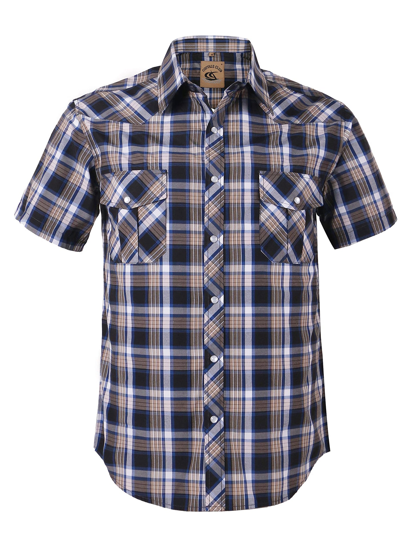 HOTCOEVALS CLUB Men's Western Cowboy Short Sleeve Pearl Snap Casual Plaid Work Shirts