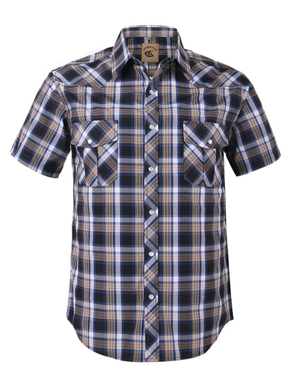HOTCOEVALS CLUB Men's Western Cowboy Short Sleeve Pearl Snap Casual Plaid Work Shirts