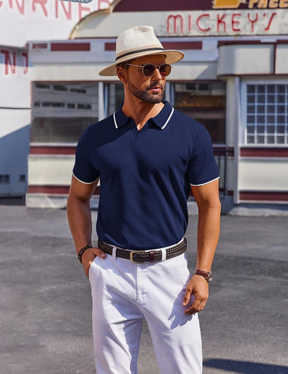 HOTCOOFANDY Mens Polo Shirts Short Sleeve Casual Knit Polo Shirt Vintage Golf T Shirts Old Money Tops