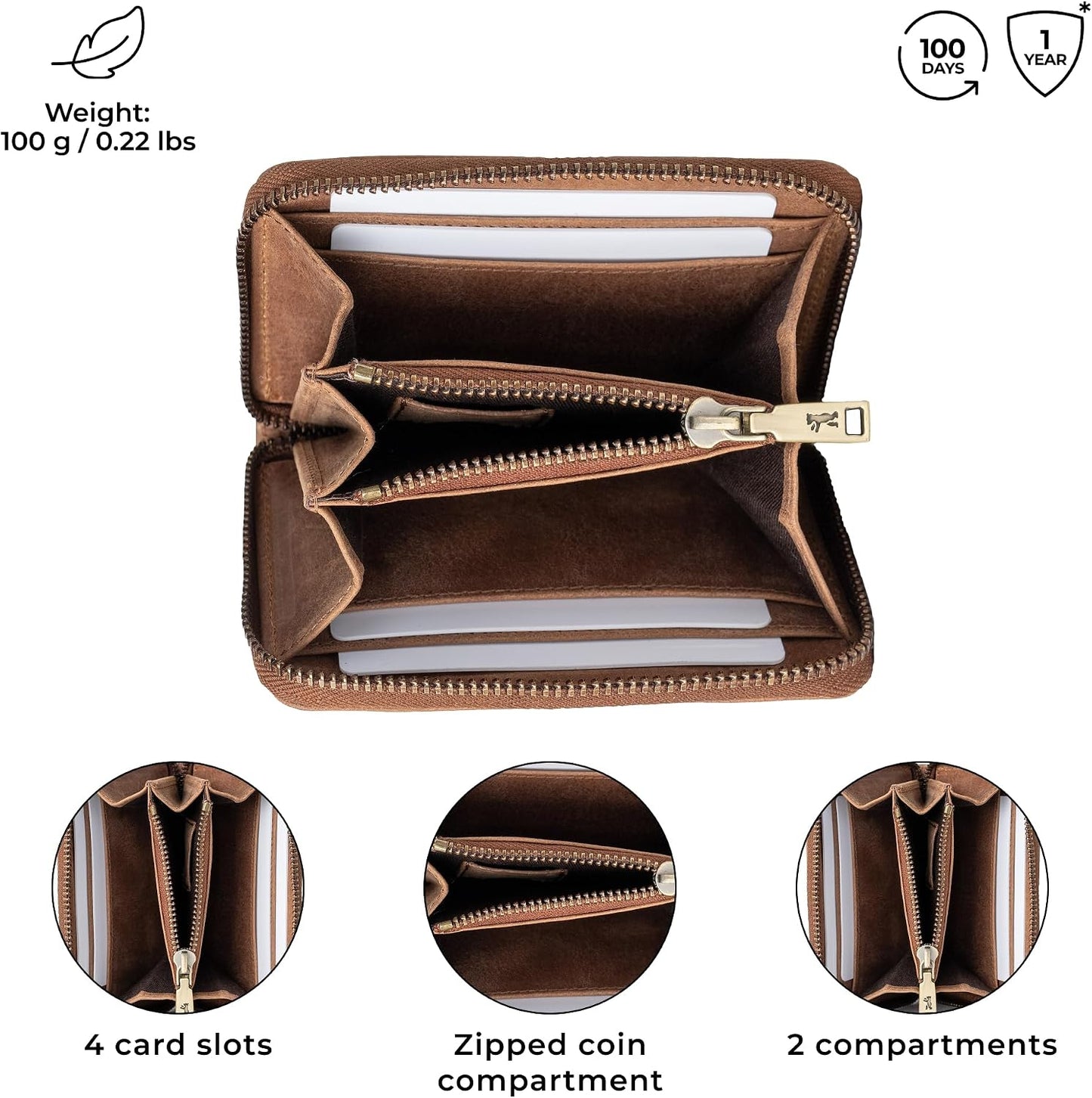 HOTBERLINER BAGS Genuine Leather Small Wallet Women Elsa, Gift Box – Brown | Soft Leather Bifold Zip Wallet, Fits Purses & Crossbody Bags, 6 Card Slots, 2 Cash Sections, Coin Pocket, RFID Blocking