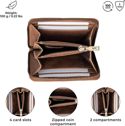 HOTBERLINER BAGS Genuine Leather Small Wallet Women Elsa, Gift Box – Brown | Soft Leather Bifold Zip Wallet, Fits Purses & Crossbody Bags, 6 Card Slots, 2 Cash Sections, Coin Pocket, RFID Blocking
