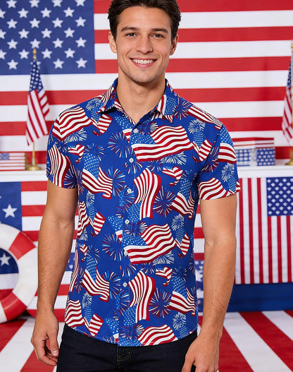 HOTuideazone Mens 4th of July American Flag Patriotic Shirt M-XXL | USA Short Sleeve Button Up Shirt for Independence Day, Memorial Days, Flag Day, 4th of July Parties, Beach Trips and Daily