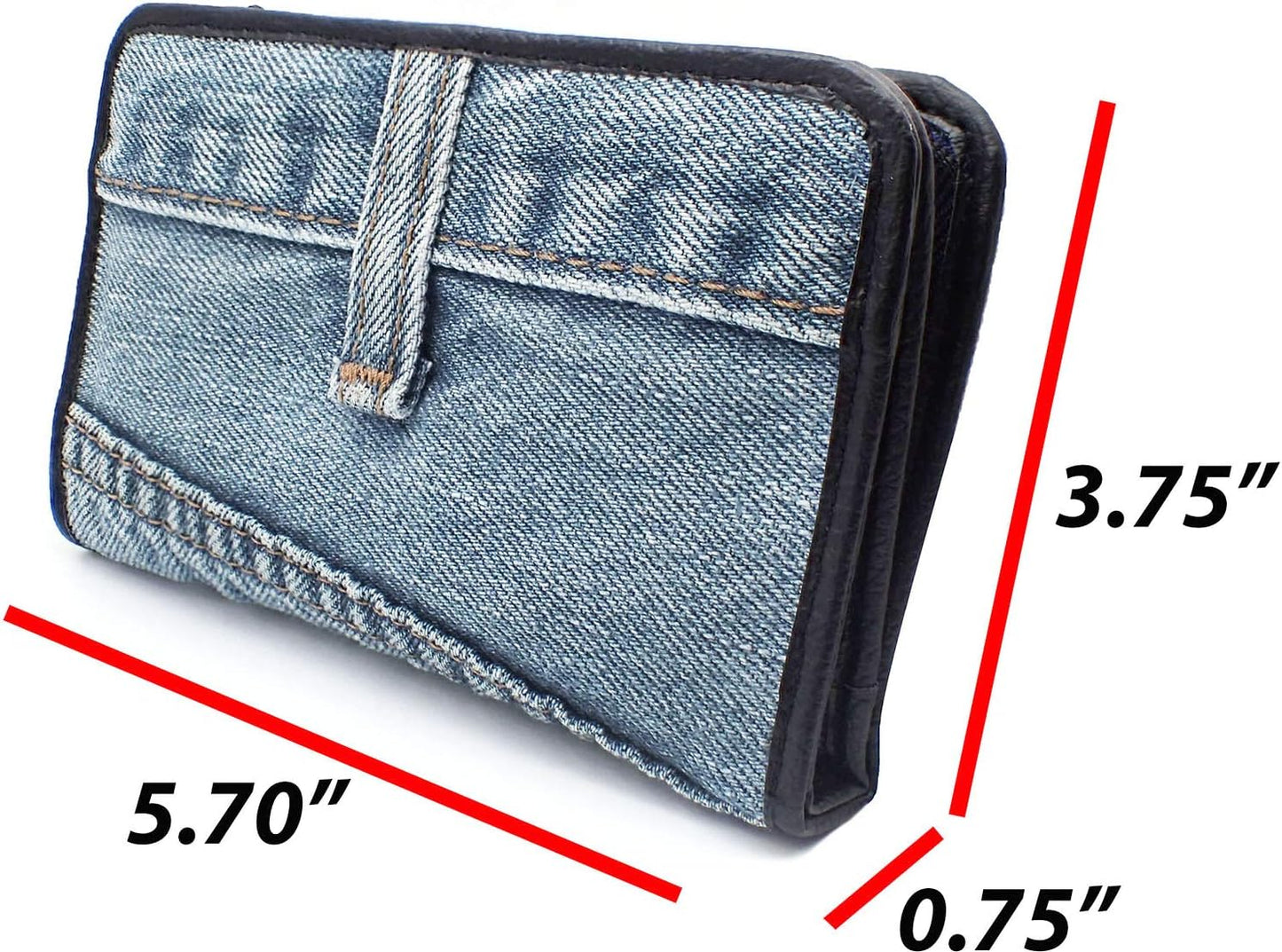 HOTUpcycling Blue Denim Bifold Money Zip Coin Card Holder Organizer Compact Wallet for Women