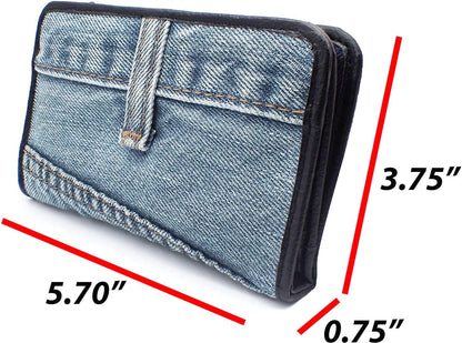 HOTUpcycling Blue Denim Bifold Money Zip Coin Card Holder Organizer Compact Wallet for Women