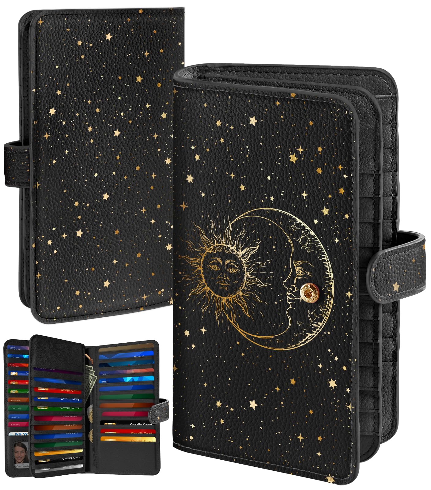 HOTBistup 46 Slots Credit Card Holder Wallet for Women, Hena | Large Capacity Organizer, Leather, RFID Blocking, ID Window, 7 Cash Slots, Snap Closure, Cute Prints, Daily Carry