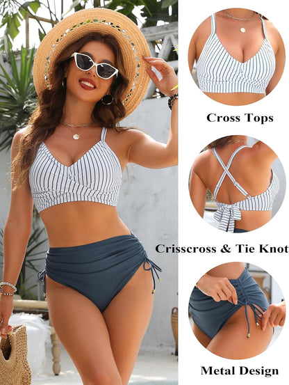 HOTBlooming Jelly Womens High Waisted Bikini Sets Drawstring Tummy Control Swimsuits Crisscross Tie Back Bathing Suit