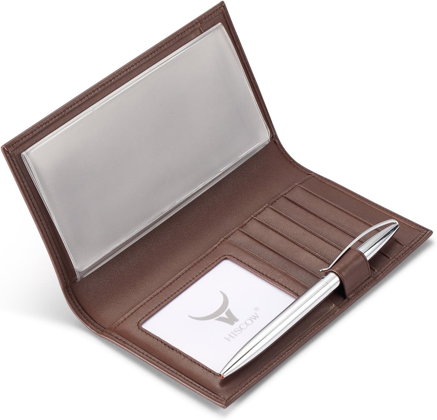 HOTHISCOW Leather Checkbook Cover with Card Slots & Pen Holder, Brown | Full grain cowhide, 5cc & ID window, personal check book & register pockets, removable duplicate divider, gifts for women men