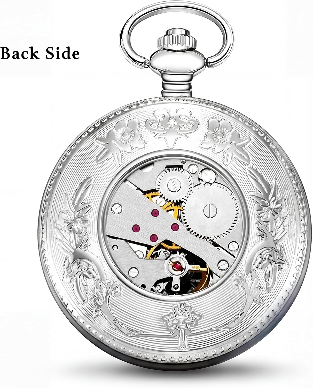 HOTOBTAIN Vintage Mechanical Pocket Watch - Exquisite Double-Sided Floral Engraved Case, Single Hunter Skeleton Design, Antique Silver Hand-Winding Watch with 25cm Chain, Gift Box for Men