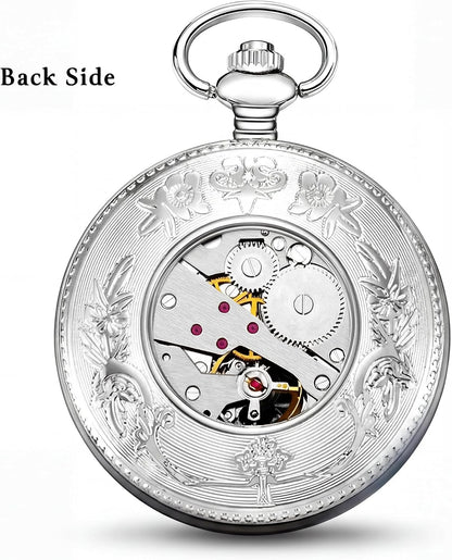 HOTOBTAIN Vintage Mechanical Pocket Watch - Exquisite Double-Sided Floral Engraved Case, Single Hunter Skeleton Design, Antique Silver Hand-Winding Watch with 25cm Chain, Gift Box for Men