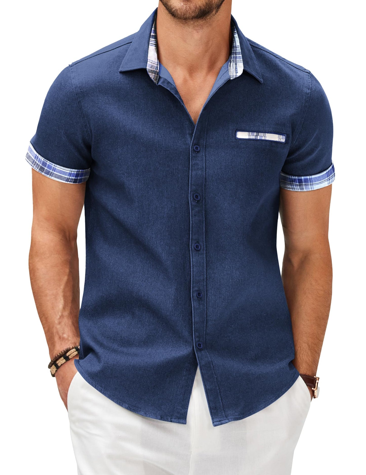 HOTCOOFANDY Men's Cotton Casual Short Sleeve Button Down Shirt Plaid Collar Denim Work Shirts