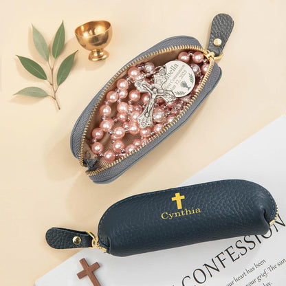 HOTipetlive Custom Cross Rosary Holder Case Leather Personalized Name Rosary Bag Storage Pouch Small Coin Purse Travel Christian Gifts For Women Men Mother Grandma