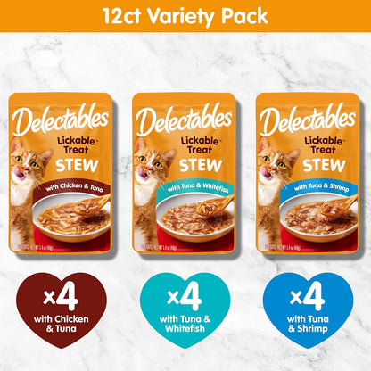 HOTDelectables Lickable Treat Stew Wet Cat Treat Variety Pack, Food Topper, Hydrating, Grain-Free, No Fillers, No By-Products, No Added Preservatives, 1.4oz Pouch, 12ct
