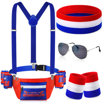 HOTSweetude 4th of July Fanny Pack America Flag Patriotic Outfit Set 250 Years Beverage Beer Belt Costume Set Accessories with USA Drink Holder Sunglasses Striped Sweatband