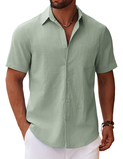 HOTCOOFANDY Men's Button Down Short Sleeve Shirt Casual Cotton Summer Beach Linen Wedding Shirts with Pocket