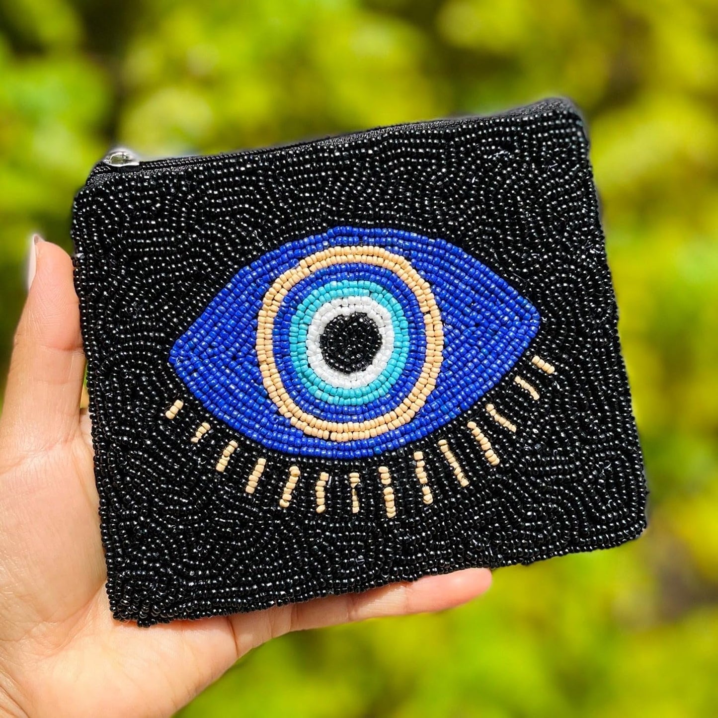 HOTTWINE AND LOVE Evil Eye Beaded Pouch Purse, Black Beaded Coin Purse, Coin Pouch Small Wallets Card Holder Bag, Evil Eye Card Case Wallet, Birthday Gift, CP0494