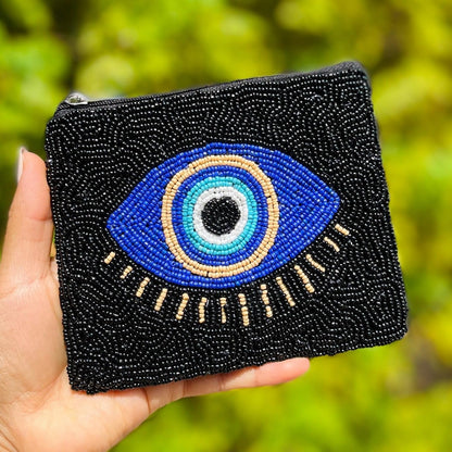 HOTTWINE AND LOVE Evil Eye Beaded Pouch Purse, Black Beaded Coin Purse, Coin Pouch Small Wallets Card Holder Bag, Evil Eye Card Case Wallet, Birthday Gift, CP0494