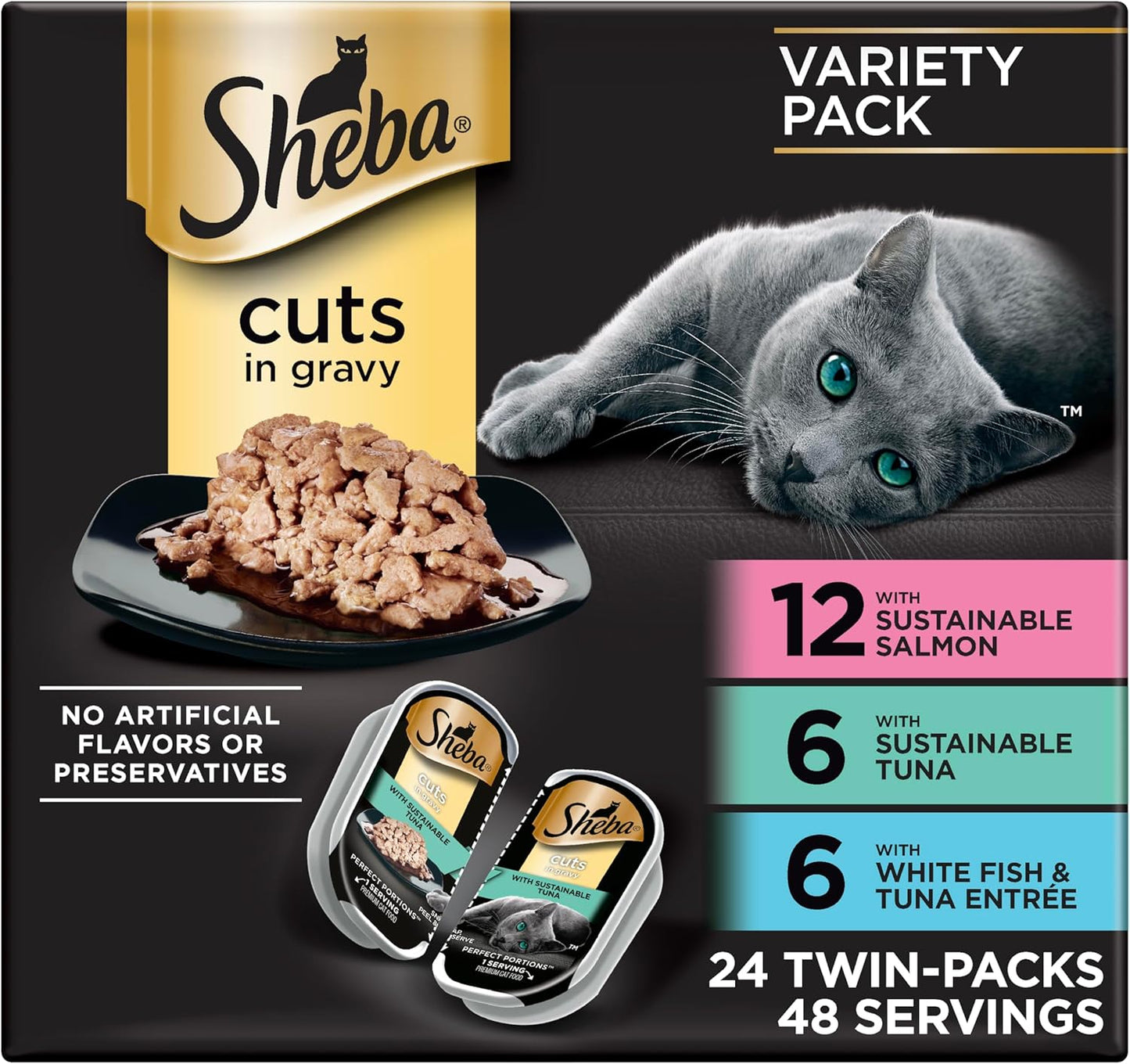 HOTSheba Perfect Portions Cuts Wet Cat Food, Seafood Multipack, 2.6 oz, 24 ct | Grain-free, Sustainable fish, no fillers or artificial flavors, protein-rich, essential vitamins & minerals, twin-pack trays