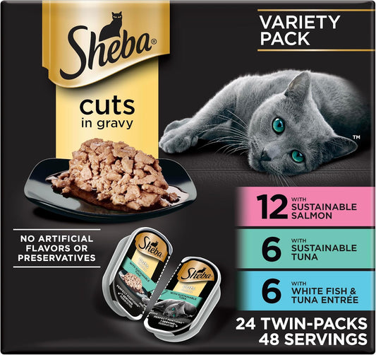 HOTSheba Perfect Portions Cuts Wet Cat Food, Seafood Multipack, 2.6 oz, 24 ct | Grain-free, Sustainable fish, no fillers or artificial flavors, protein-rich, essential vitamins & minerals, twin-pack trays