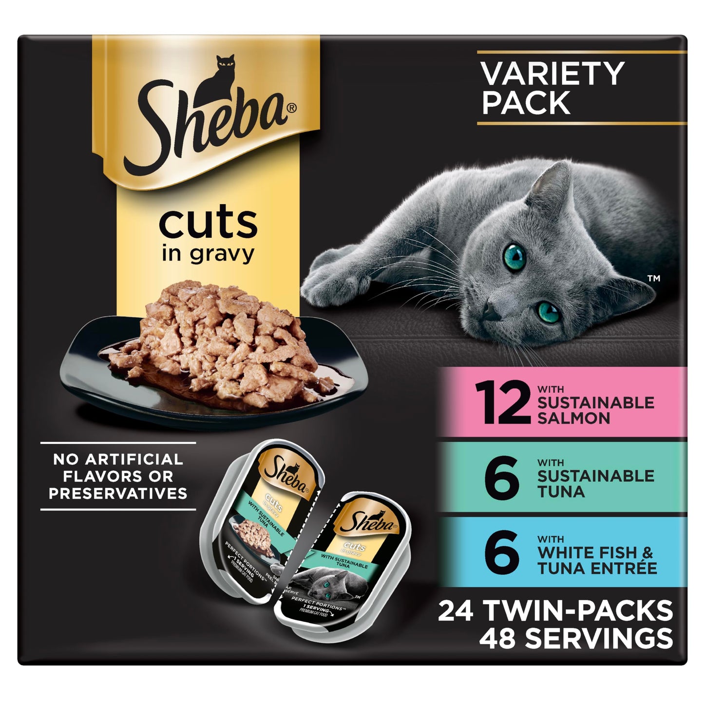 HOTSheba Perfect Portions Cuts Wet Cat Food, Chicken & Turkey, 2.6 oz, 12 ct | Grain-free, Roasted Chicken & Tender Turkey, adult cat food, protein-rich, no fillers or artificial flavors, twin-pack trays