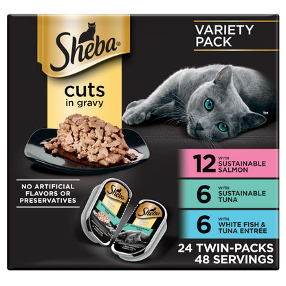 HOTSheba Perfect Portions Cuts Wet Cat Food, Seafood Pack, 2.6 oz, 24 ct | Sustainable salmon & tuna with tender trout, succulent cuts in gravy, no corn or soy, snap-peel-serve twin pack trays
