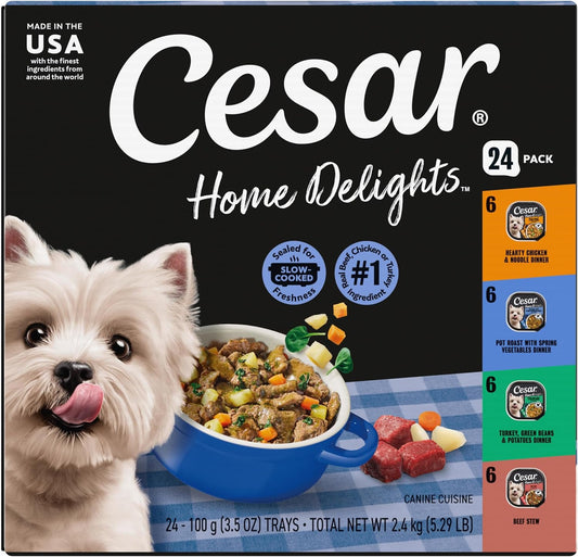 HOTCesar Home Delights Wet Dog Food, Dinner and Stew Variety, 3.5 oz, 24 Count | Real meat #1 ingredient, no fillers, no added sugar, no artificial flavors, complete & balanced, easy peel trays