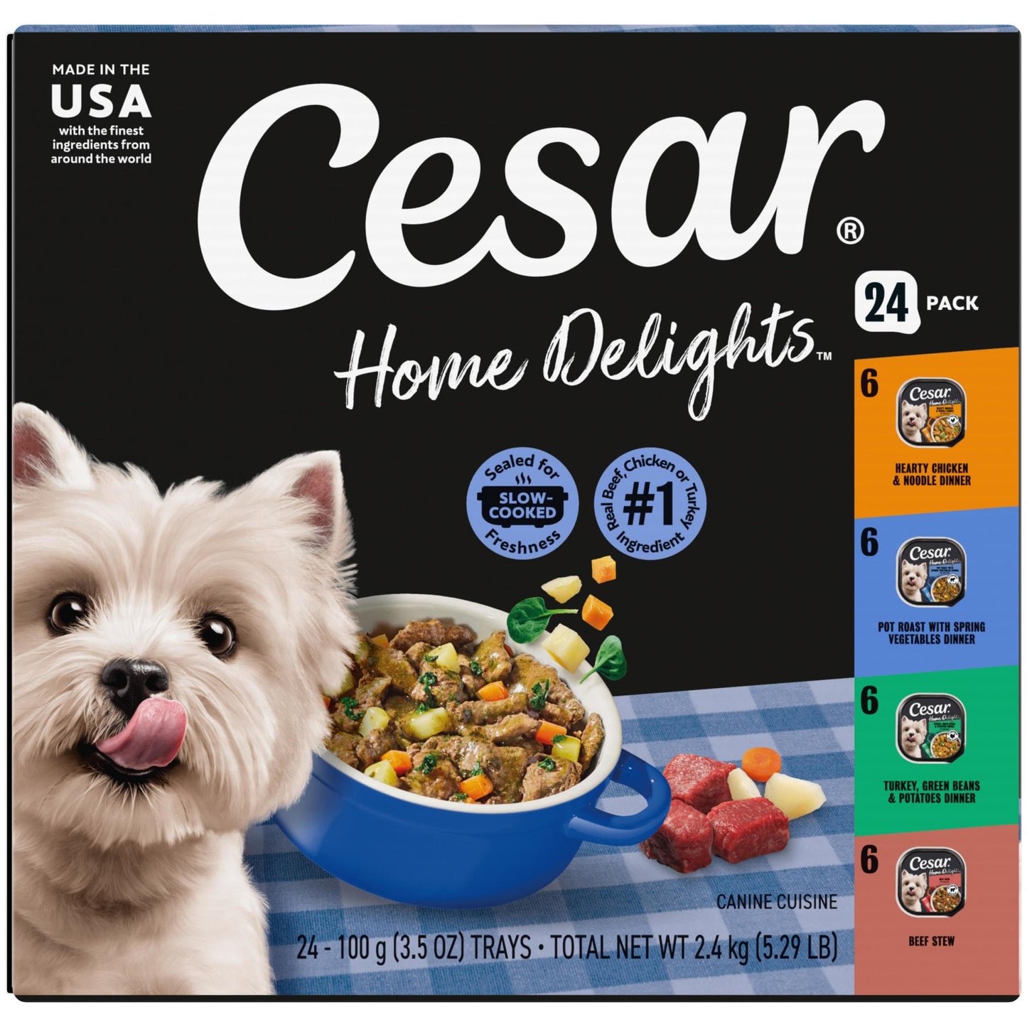 HOTCesar Home Delights Wet Dog Food, Dinner and Stew Variety, 3.5 oz, 24 Count | Real meat #1 ingredient, no fillers, no added sugar, no artificial flavors, complete & balanced, easy peel trays